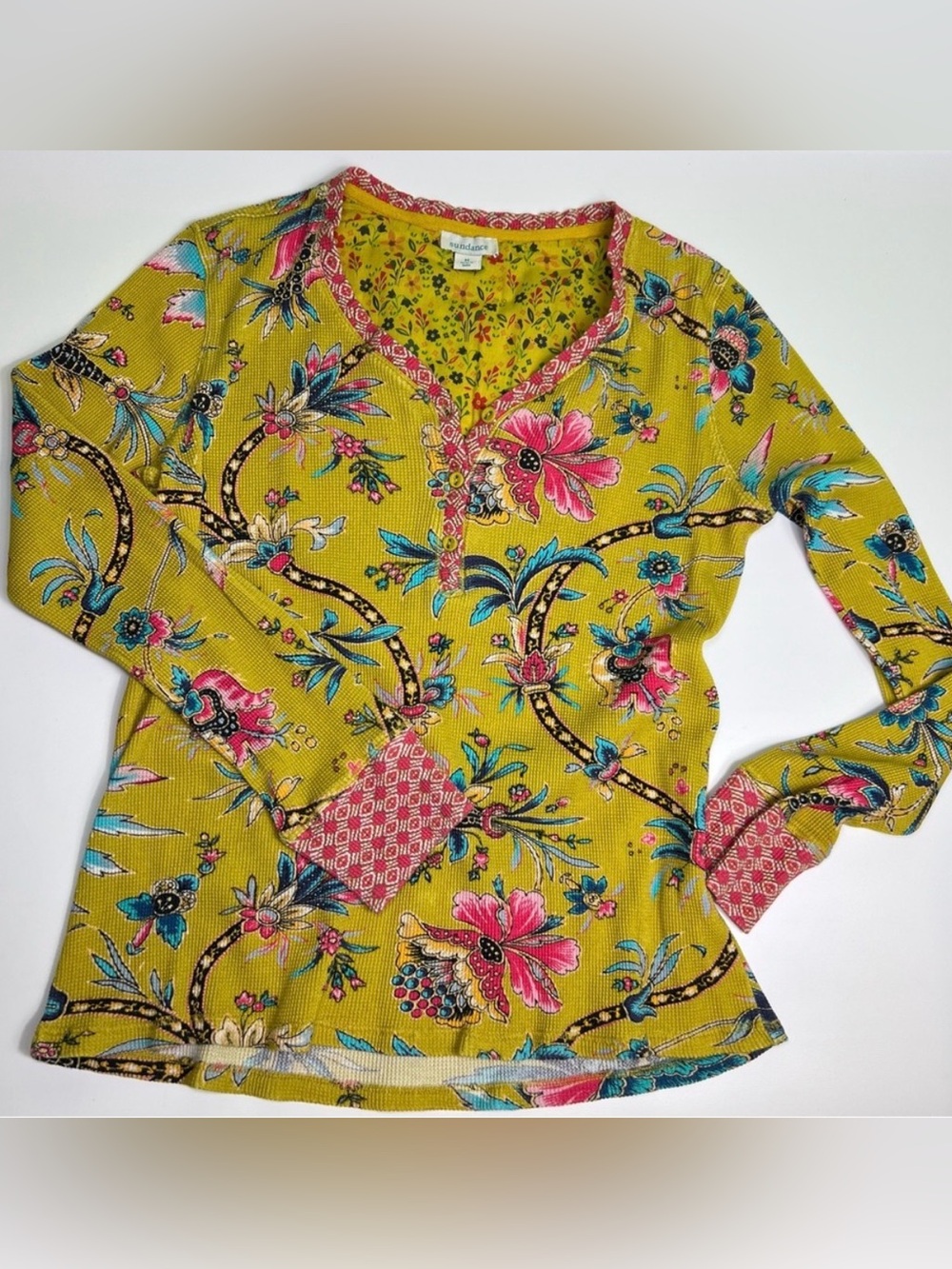 SUNDANCE Top Cotton Paisley Colorful
Waffle Yellow Blue Pink Black Size Medium - Picture 2 of 9